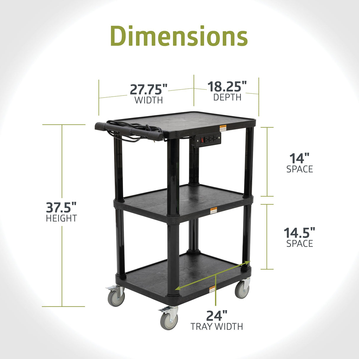 Pearington 3-Shelf Mobile Utility Cart with 3 Outlets and 8' Cord, Heavy-Duty Service Cart for Offices and Warehouses with 3 Shelves, Black Pearington