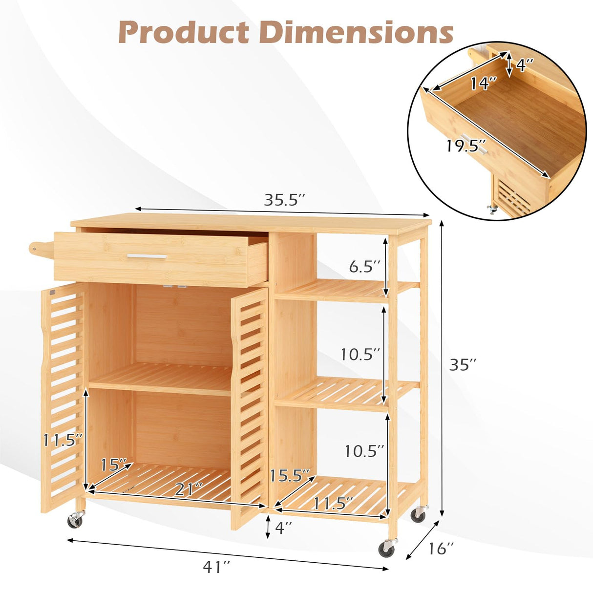 Moccha Rolling Kitchen Island Cart - Bamboo Kitchen Carts on Wheels with Storage Cabinet, Large Drawer, 3-Tier Open Shelf, Towel Rack, Sideboard, Mobile Kitchen Table for Dining Room Living Room Bar LDAILY