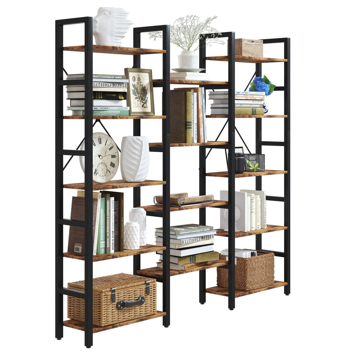 oneinmil Triple Wide 5-Shelf Bookcase Industrial Vintage Wood Style Large Open Bookshelves for Home&Office, Rustic Brown (5 Tier, Rustic Brown) oneinmil