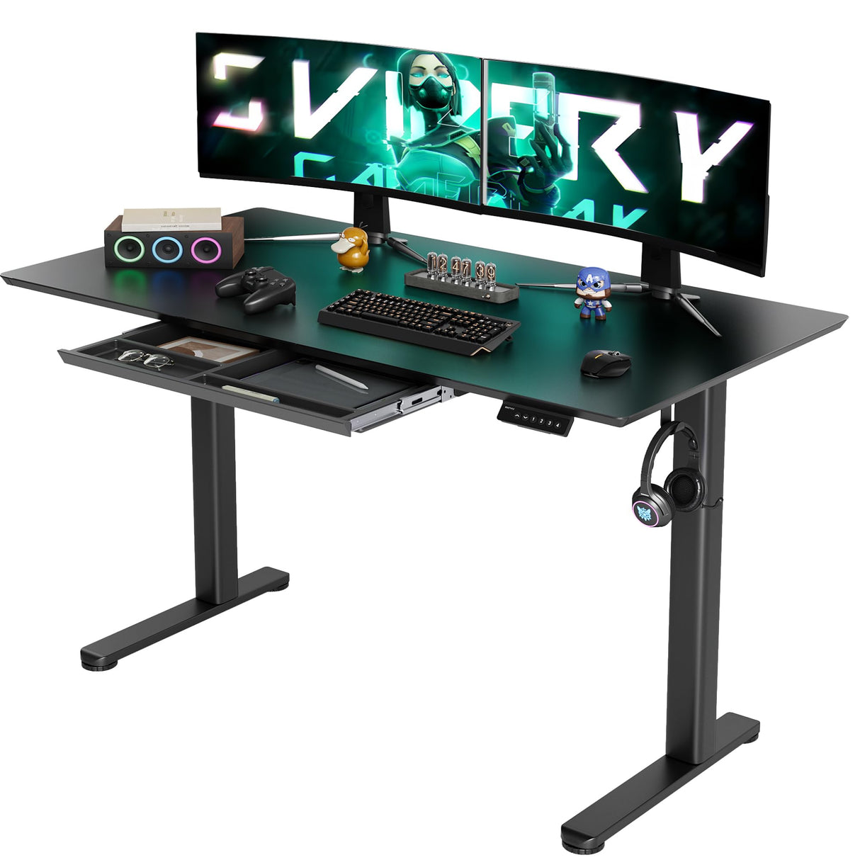 INNOVAR Glass Gaming Desk with Drawers, Electric Standing Desk Adjustable Height, Professional Gaming Glass Surface Improved Precision and Speed, Black 55 inch INNOVAR