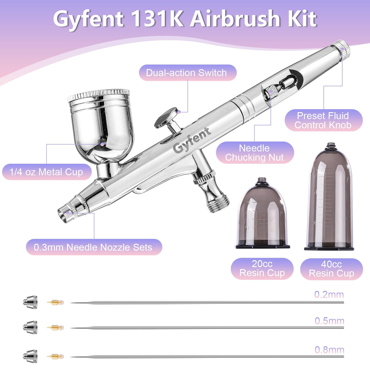 Gyfent Airbrush Kit, Airbrush Gun with 4 Quick-Release Nozzle Sets(0.2/0.3/0.5/0.8mm) Dual-Action Gravity Feed Air Brush with 1/4oz Fluid Cup & 20/40ml Resin Cup for Nail Art Painting Makeup Cake Gyfent