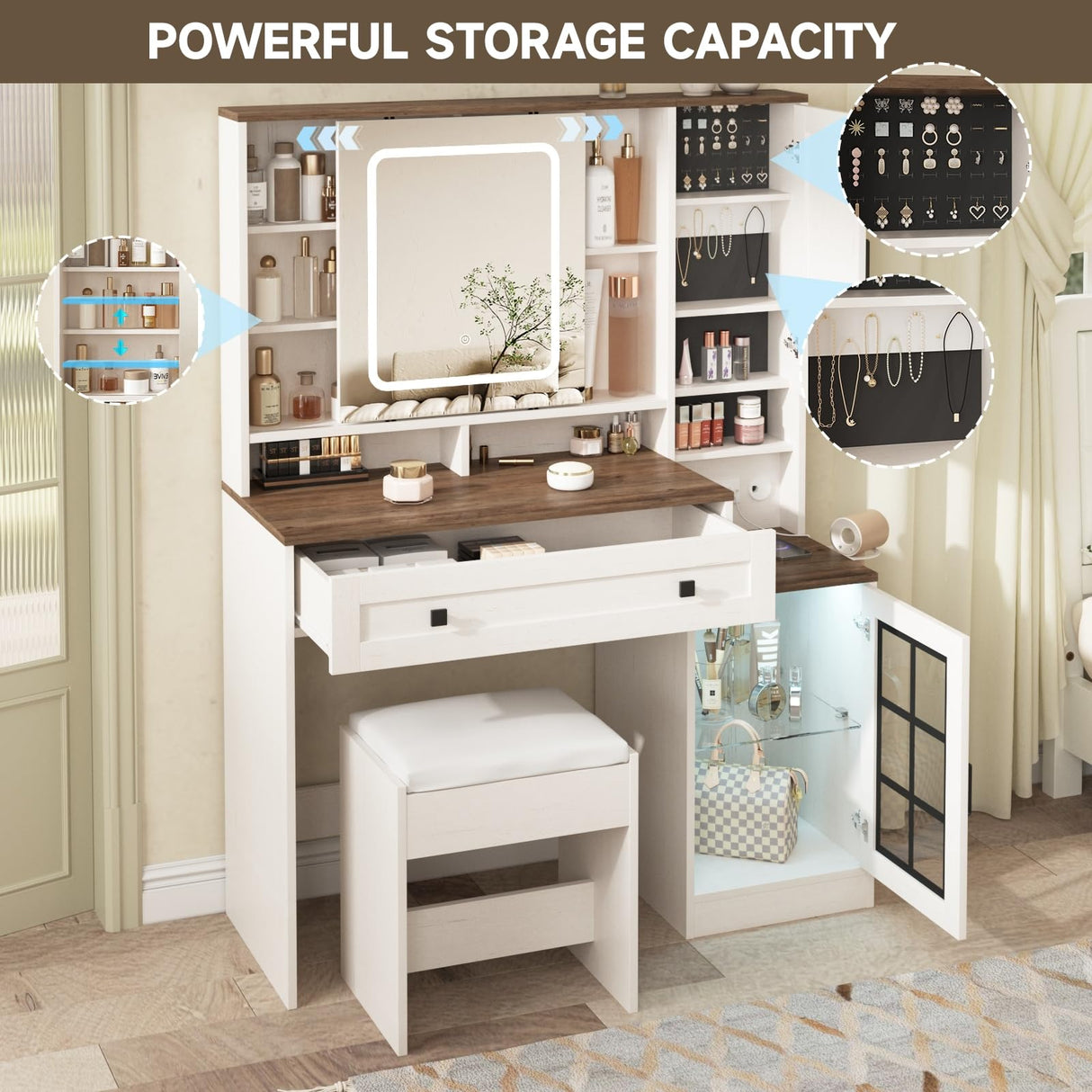 Vabches Makeup Vanity Desk with Sliding Mirror, 41.8'' White Farmhouse Vanity Table with Stool, Jewelry Cabinet & Charging Station, Large Drawer, Visual Cabinet, 3 Lighting Modes, Adjustable Shelves Vabches