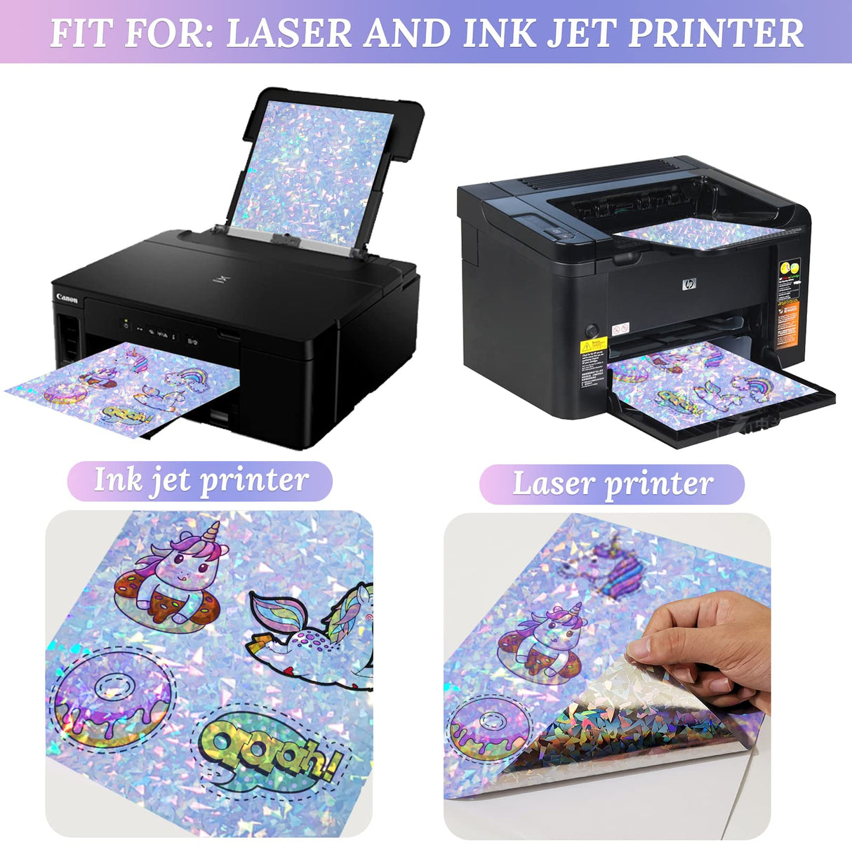 20 Sheets Holographic Printable Sticker Paper, 8.5x11 Inch Vinyl Sticker Paper for Inkjet & Laser Printer, Waterproof Dries Quickly Sticker Paper - Diamond/Rainbow/Glossy White/Star Cosrk