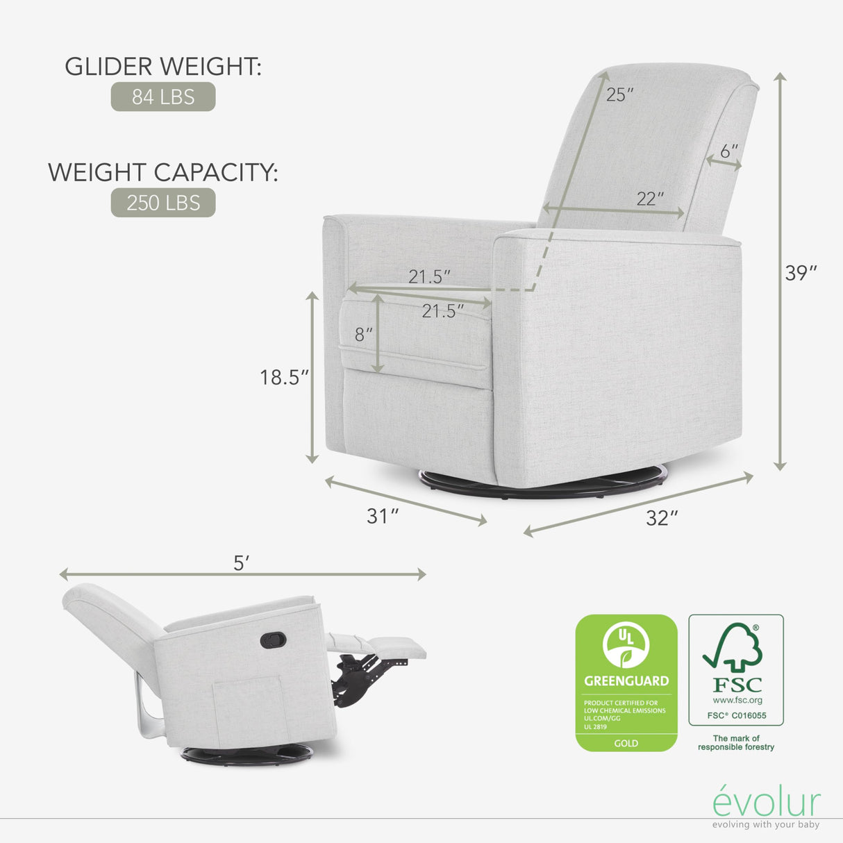 Evolur Raleigh Glider in Fog, Upholstered Plush Seating 360° Swivel Glider Rocking Chair, FSC Certified, Greenguard Gold & JPMA Certified Nursery Glider Recliner Evolur