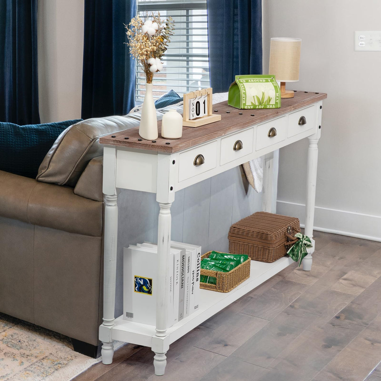 Wnutrees Farmhouse Console Table with 4 Drawers, 60" Long Narrow Boho Sofa Foyer Table with Large Storage Space, Solid Wood Frame and Legs for Entryway, Hallway, Living Room, White Wnutrees