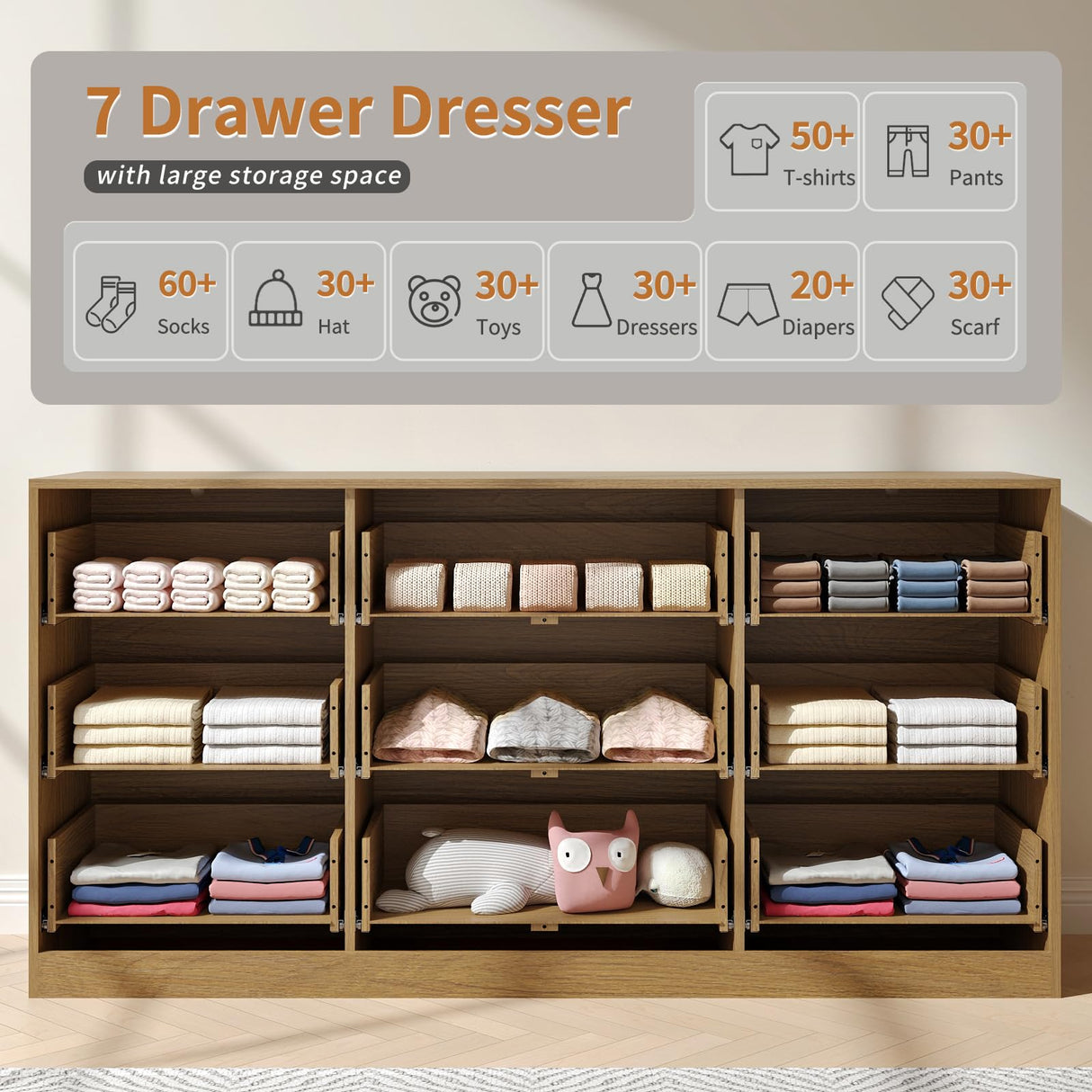 NOVAMAISON Dresser for Bedroom with 9 Drawer, 63” Wide Wooden Dresser Mid Century Chest of Drawers with Metal Handle, Dressers TV Stand Storage Organizer for Closet, Bedroom, Living Room, Natural Wood NOVAMAISON