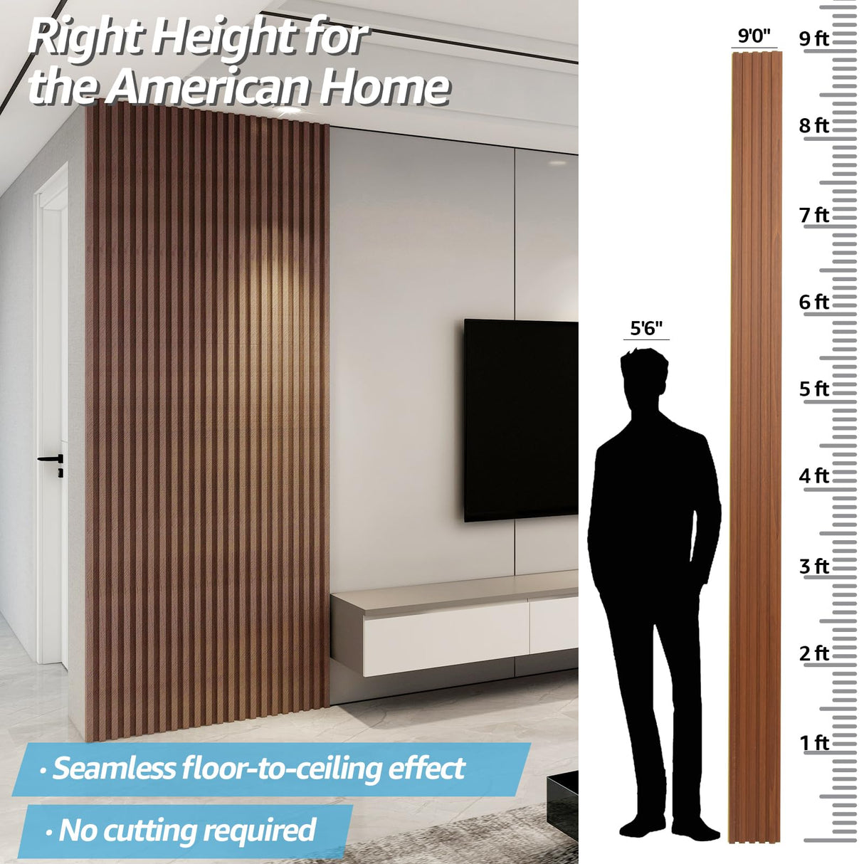 Art3d WPC Slat Wall Panels, 8-Pack 108 x 6 Inch 3D Wall Accents for Interior Wall Decor, Living Room, Bedroom, Teak Art3d