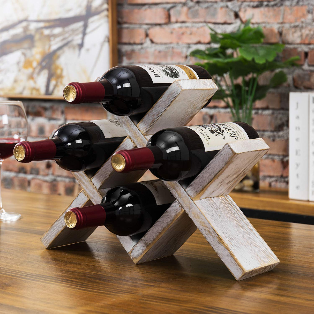 MyGift 4-Bottle Whitewashed Rustic Wood Countertop Wine Storage Rack MyGift