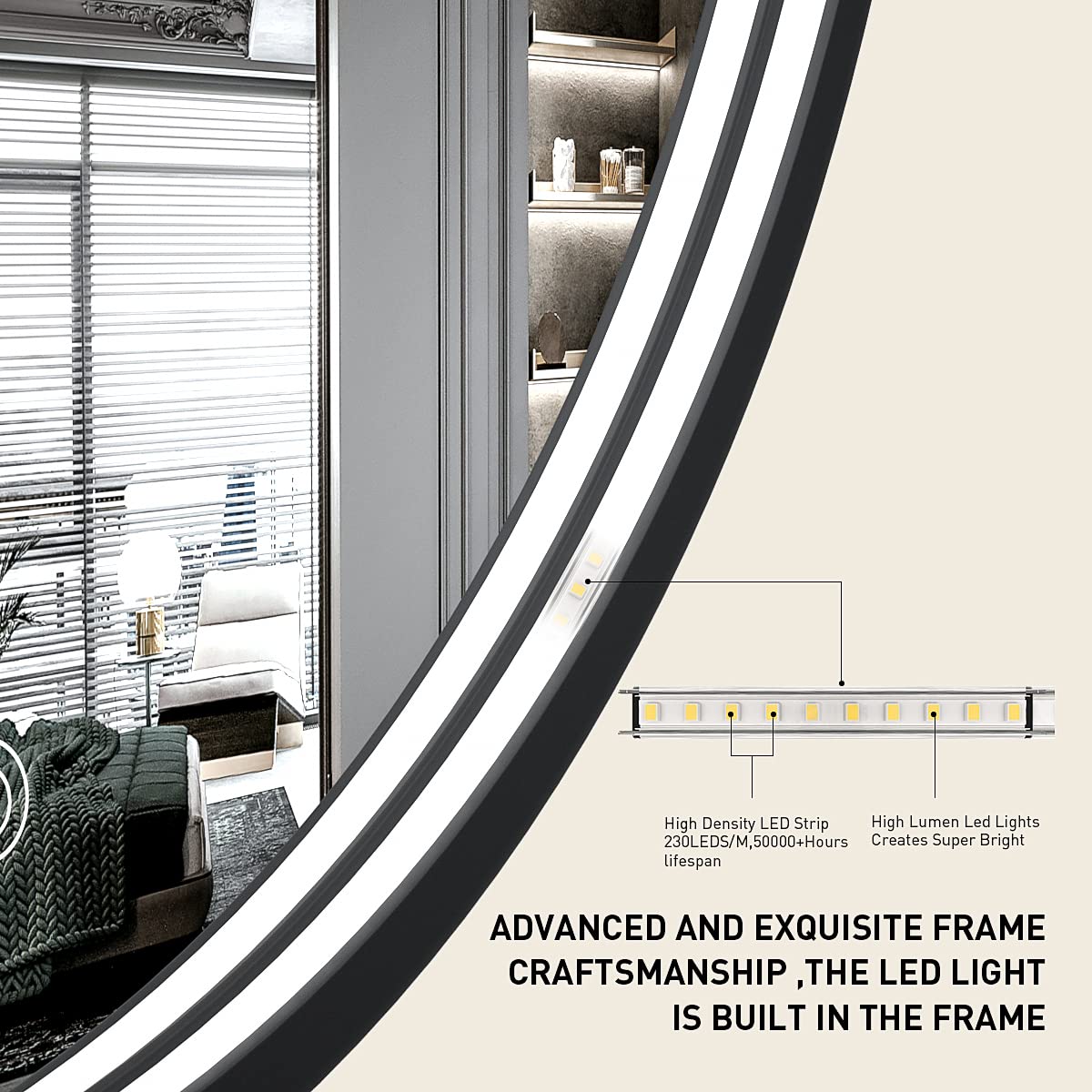 FTOTI 28 Inch LED Black Frame Round Mirror,Round Bathroom Mirror with Light,Anti-Fog & Dimmable Touch Switch, Waterproof IP54,90+ CRI FTOTI