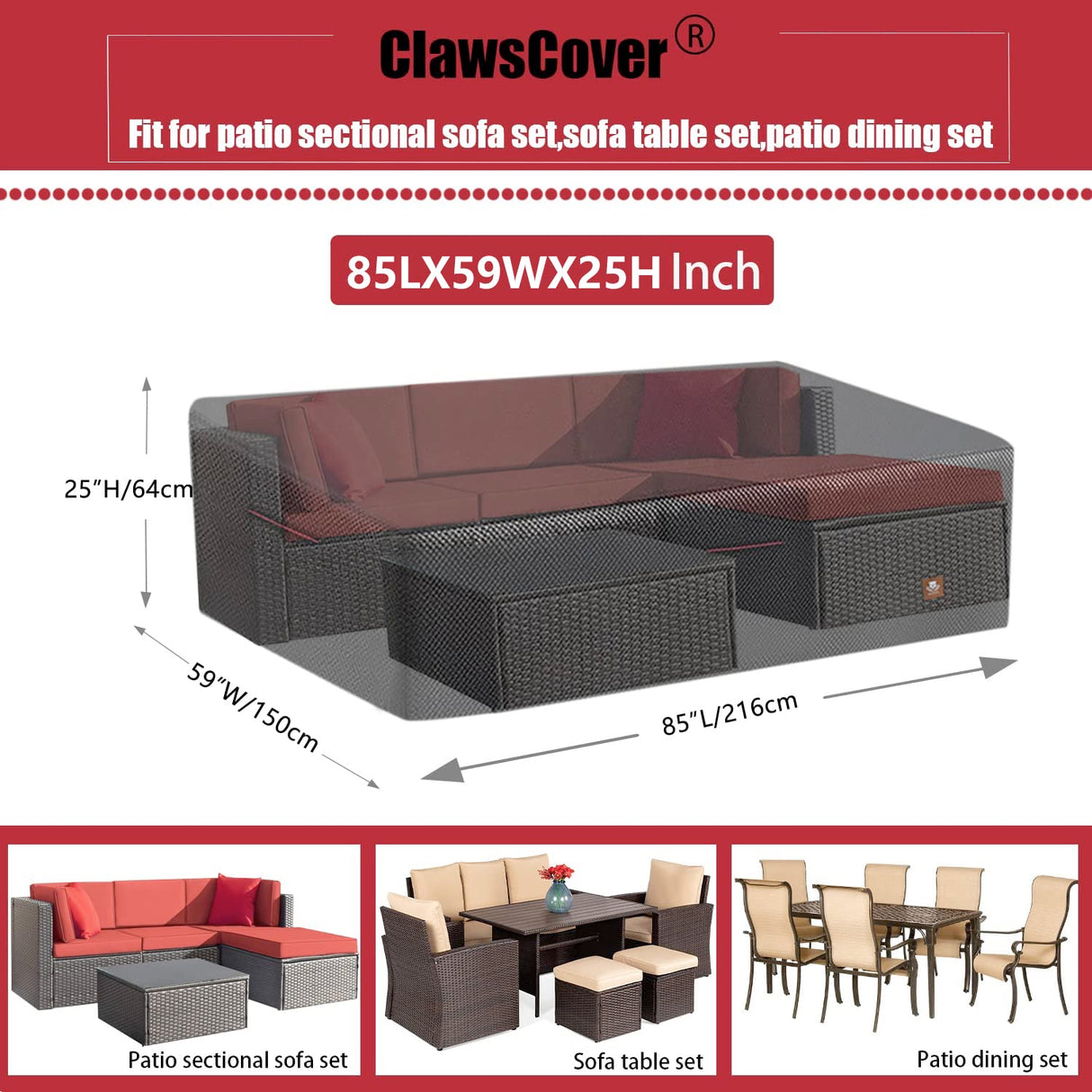 ClawsCover 5-6 Pieces Patio Furniture Sets Covers Waterproof,4 Seater Wicker Rattan Outdoor Sectional Couch Sofa Cover,Fadeless Tearproof Patio Table Set Cover,Rectangle,85Lx59Wx25H Inch ClawsCover