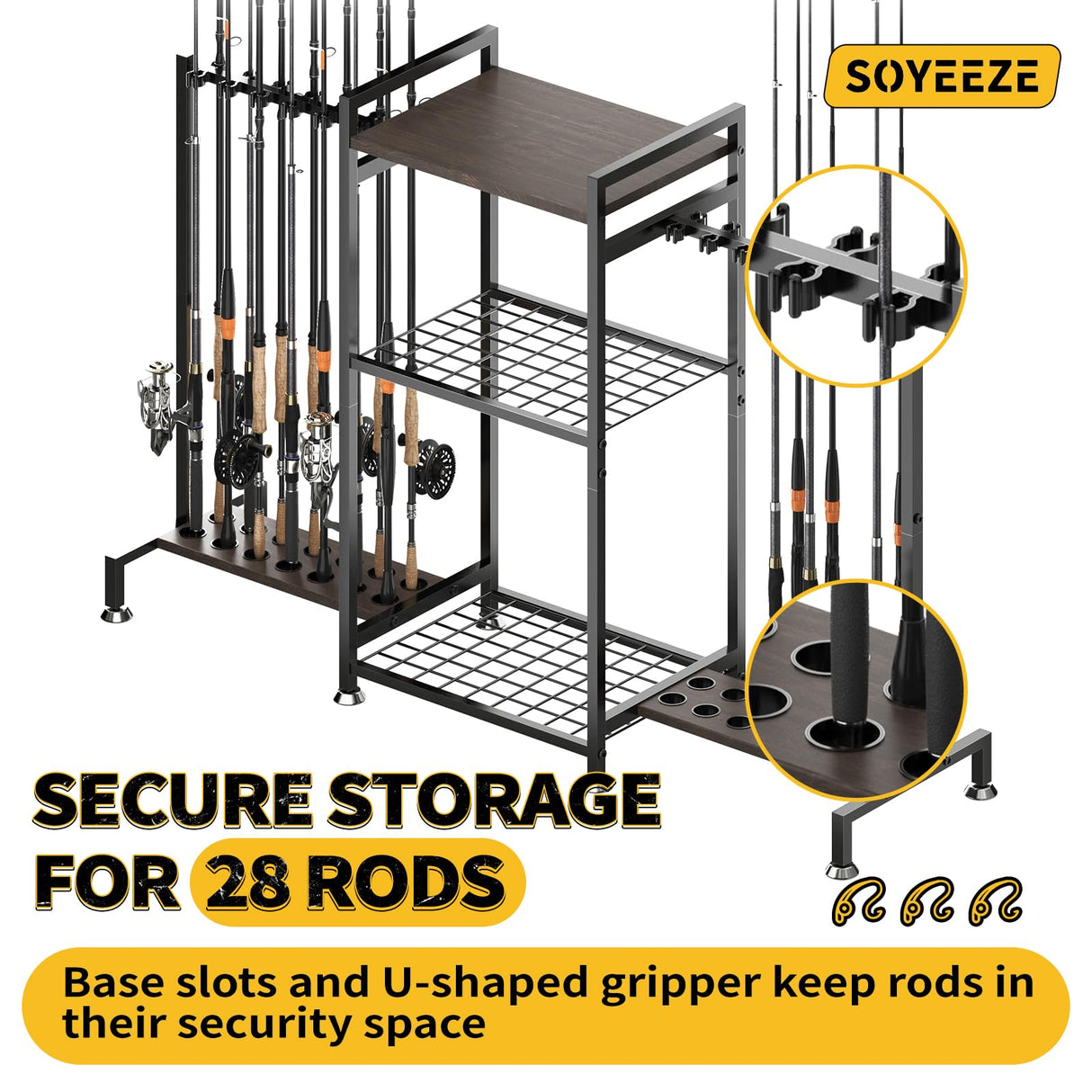 SOYEEZE Fishing Rod Holder for 28 Rods, Ground Stand Fishing Pole Holders for Garage, 3-Sided Vertical Fish Rod Rack for Tackle Box, Fishing Supplies,a Display Fish Gear Storage Gift for Man SOYEEZE