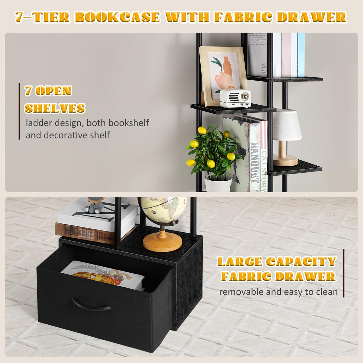 Vrisa Bookshelf with Fabric Drawer 7 Tier Bookcase with Storage 53" Tall Narrow Industrial Book Shelf Open Freestanding Shelf Organizer Unit for Living Room, Bedroom, Home Office, Black Vrisa