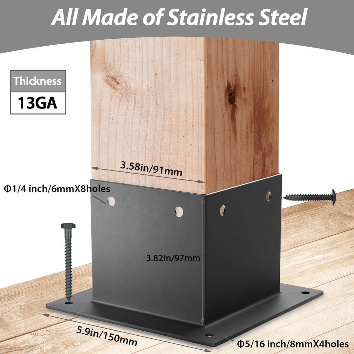 4x4 Stainless Steel Deck Post Base 4pcs | Internal 3.5"X3.5"| 13ga Thick Matte Black Powder Coating Post Anchor , 4x4 Post Bracket for Wood Posts, Fence, Deck Railing, Handrail Railing Support GHLTXKJ