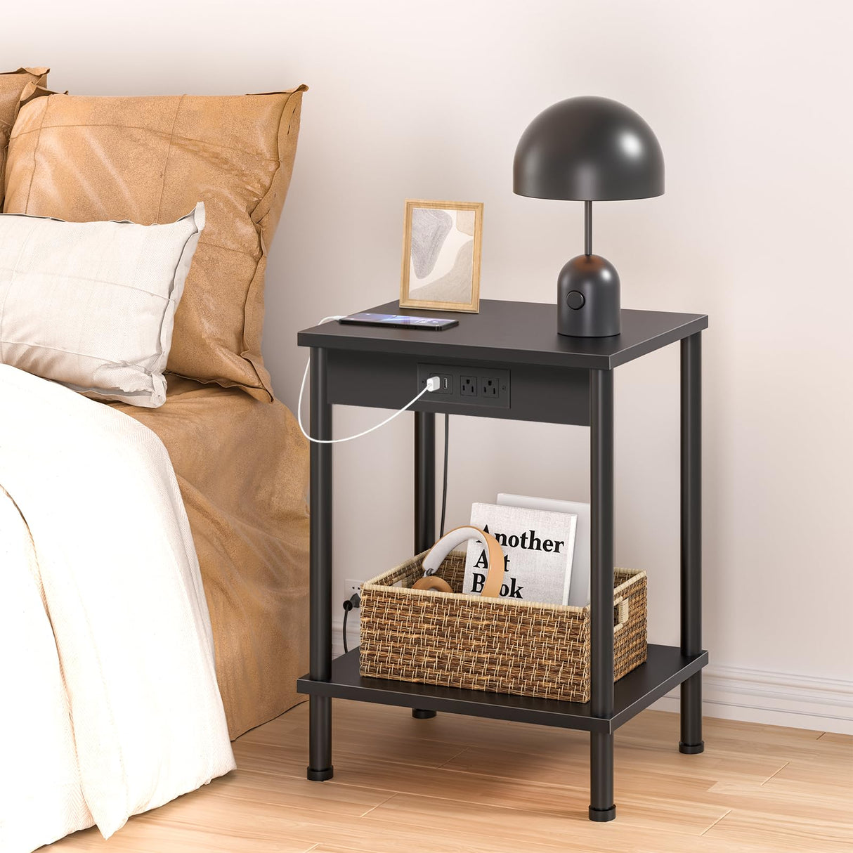 YUFAM End Table with Charging Station,Small Side Table,2-Tier Nightstand with Storage Shelf,Sofa Bedside Table for Small Spaces in Living Room,Bedroom,Office,Easy Assembly,Black YUFAM