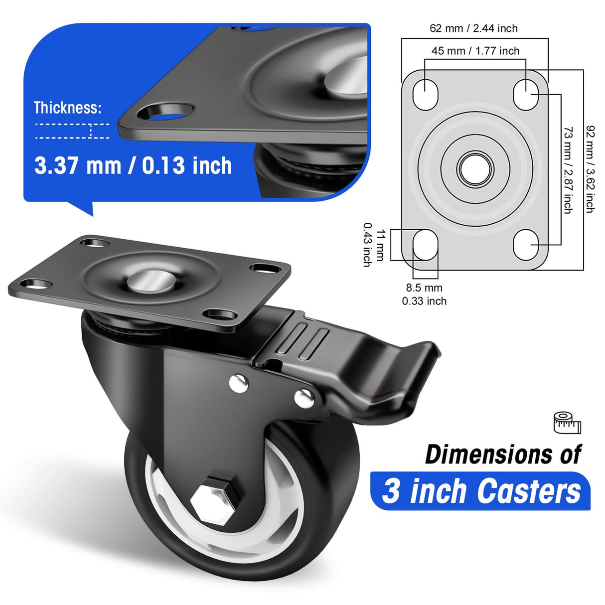 Caster Wheels - 3 Inch Casters Set of 4 Heavy Duty, BOSGEOT Locking Industrial Casters with 360 Degree No Noise Polyurethane Wheels, Swivel Plate Casters with Brake - Pack of 4 BOSGEOT