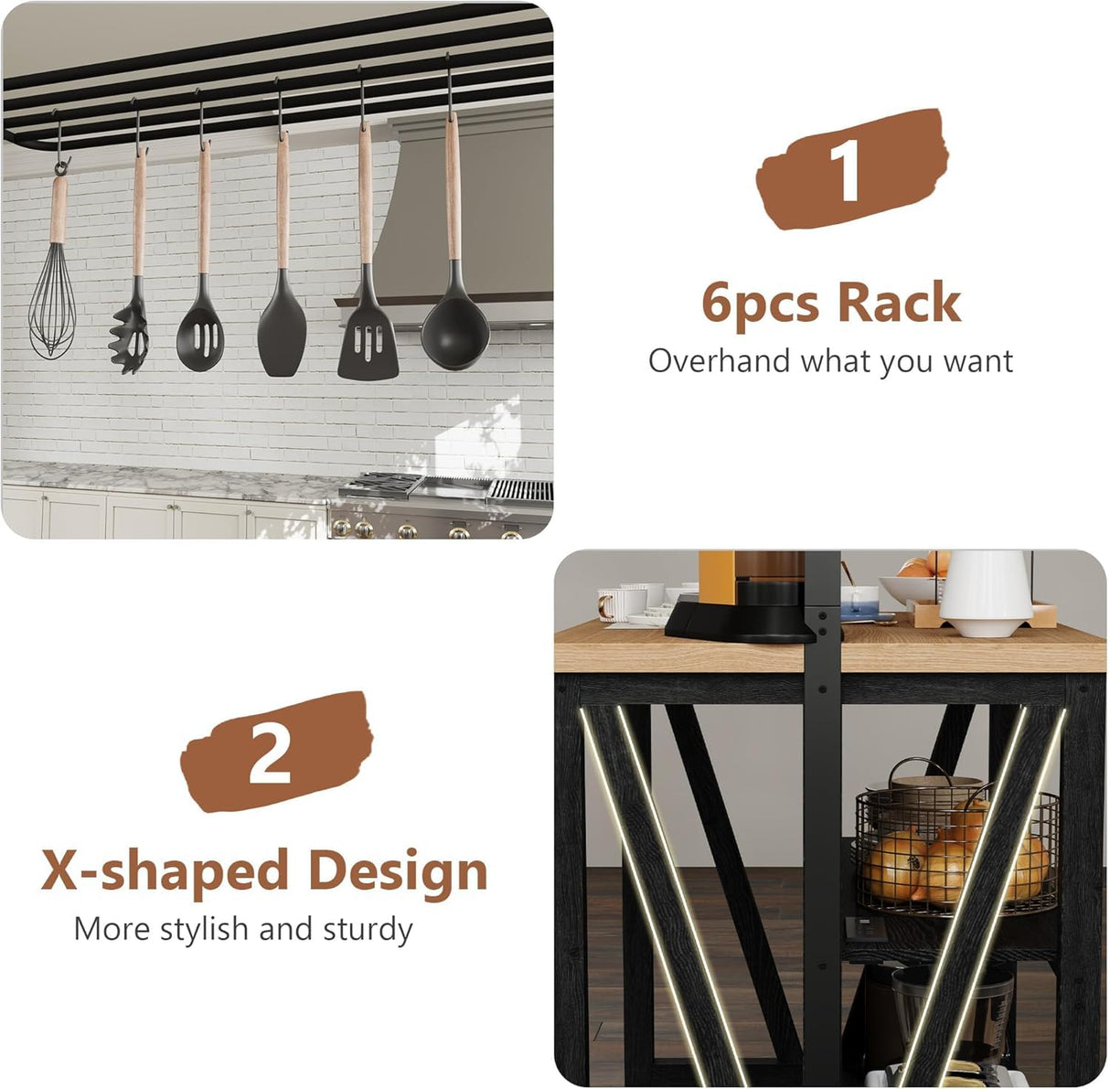 Wooden Kitchen Island with Power Outlet & LED Lights - Bakers Rack with Storage, Large Kitchen Island Table with 3 Tier Microwave Stand Oven Shelf, Coffee Bar Table with 6 Hooks LALFPET