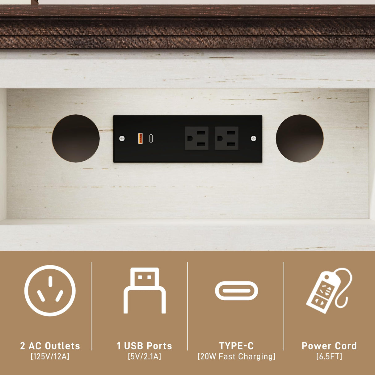 85" Electric Fireplace with Mantel, Fireplace TV Stand w/ 42" Electric Fireplace for 65 Inch TVs with Power Outlets, Farmhouse Entertainment Center with Storage for Living Room, Bedroom, Antique White Hlivelood