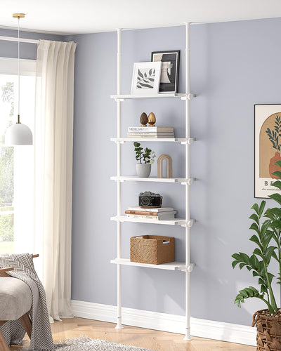 ALLZONE 5 Tiers Narrow Bookshelf, Tall Adjustable Ladder Book Shelf with Open Storage, Floor to Ceiling Tension Mount, Wooden Industrial Bookcase for Living Room, 92 to 116 Inch, White