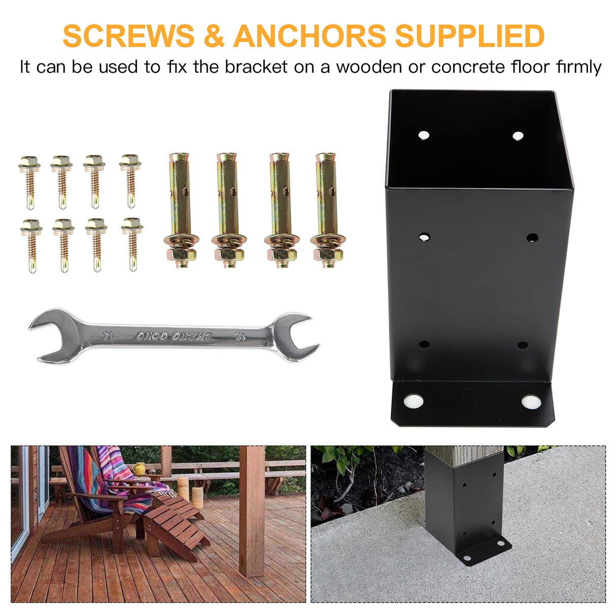 4 x 4 Post Base 6 PCS,Inner Size 3.6"x3.6"Deck Post Base,Heavy Duty Metal Black Powder Coated Post Brackets,for Pavilion Deck Railing Support Deck Base Plate, Support Bolt Down Likeem
