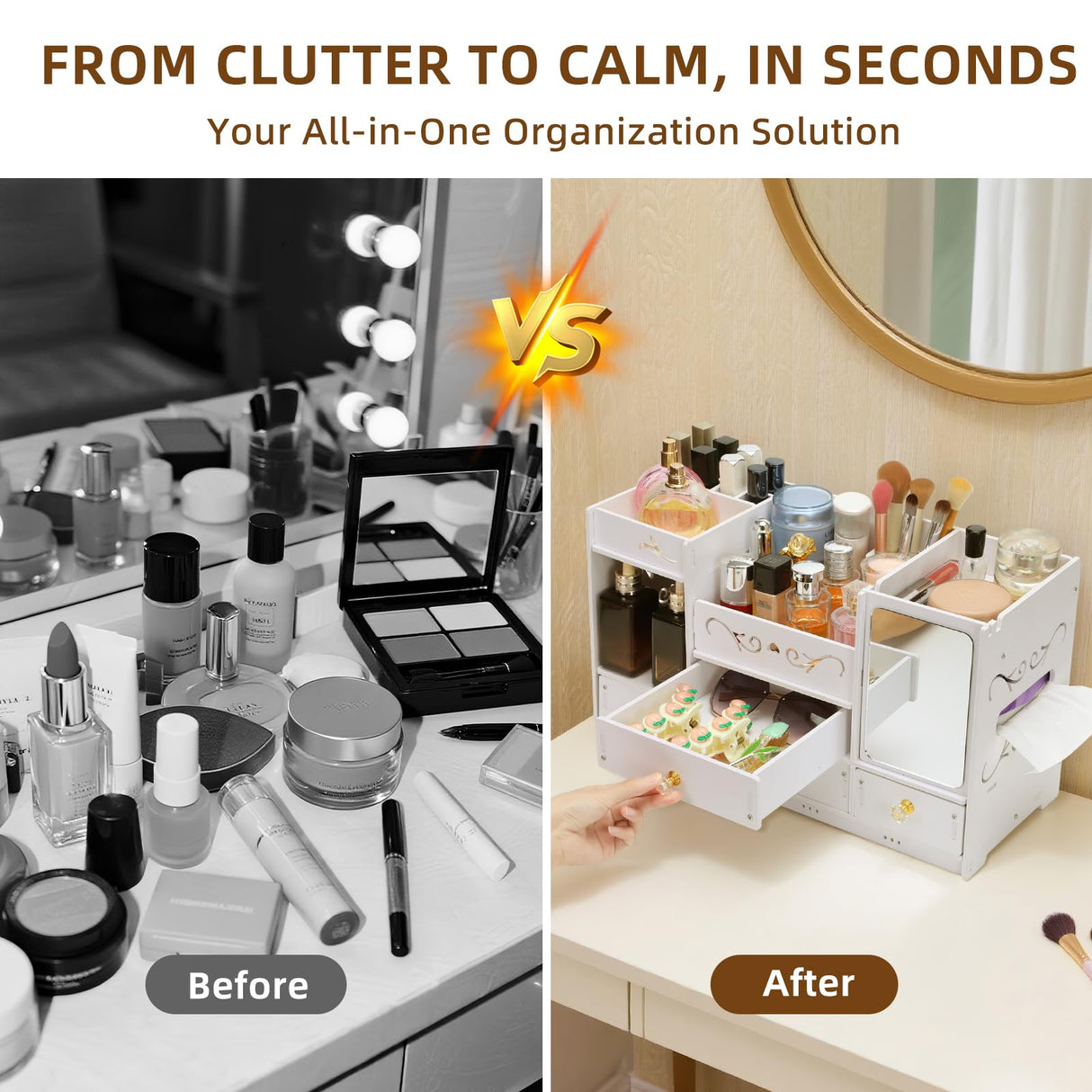 Wtufaelk Wooden Makeup Organizer for Vanity - Large White Countertop Organizer with Mirror, 3 Drawers & Brush Holder | Cosmetic & Skincare Storage Desk Organizer for Dorm, Bathroom Wtufaelk