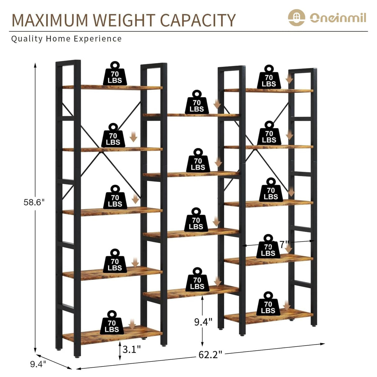oneinmil Triple Wide 5-Shelf Bookcase Industrial Vintage Wood Style Large Open Bookshelves for Home&Office, Rustic Brown (5 Tier, Rustic Brown) oneinmil