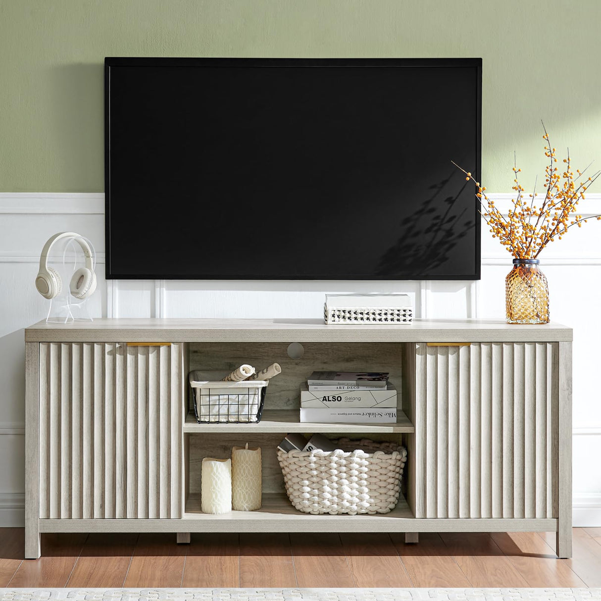 OAKHAM HOME Fluted TV Stands for Living Room, Heavy Duty Entertainment Center with Storage, Mid Century Modern Television Stands for 50/55/60/65 TV, Oxford Media TV Console (Grey Oak) OAKHAM HOME
