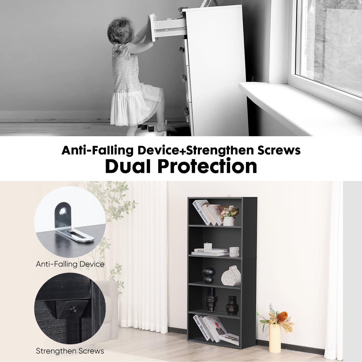 Sweetcrispy Industrial 5 Shelf Bookcase - Large 53 Inch Tall Floor Standing Open Bookshelf for Home Office, Living Room, and Bedroom Storage, Classic Black Sweetcrispy