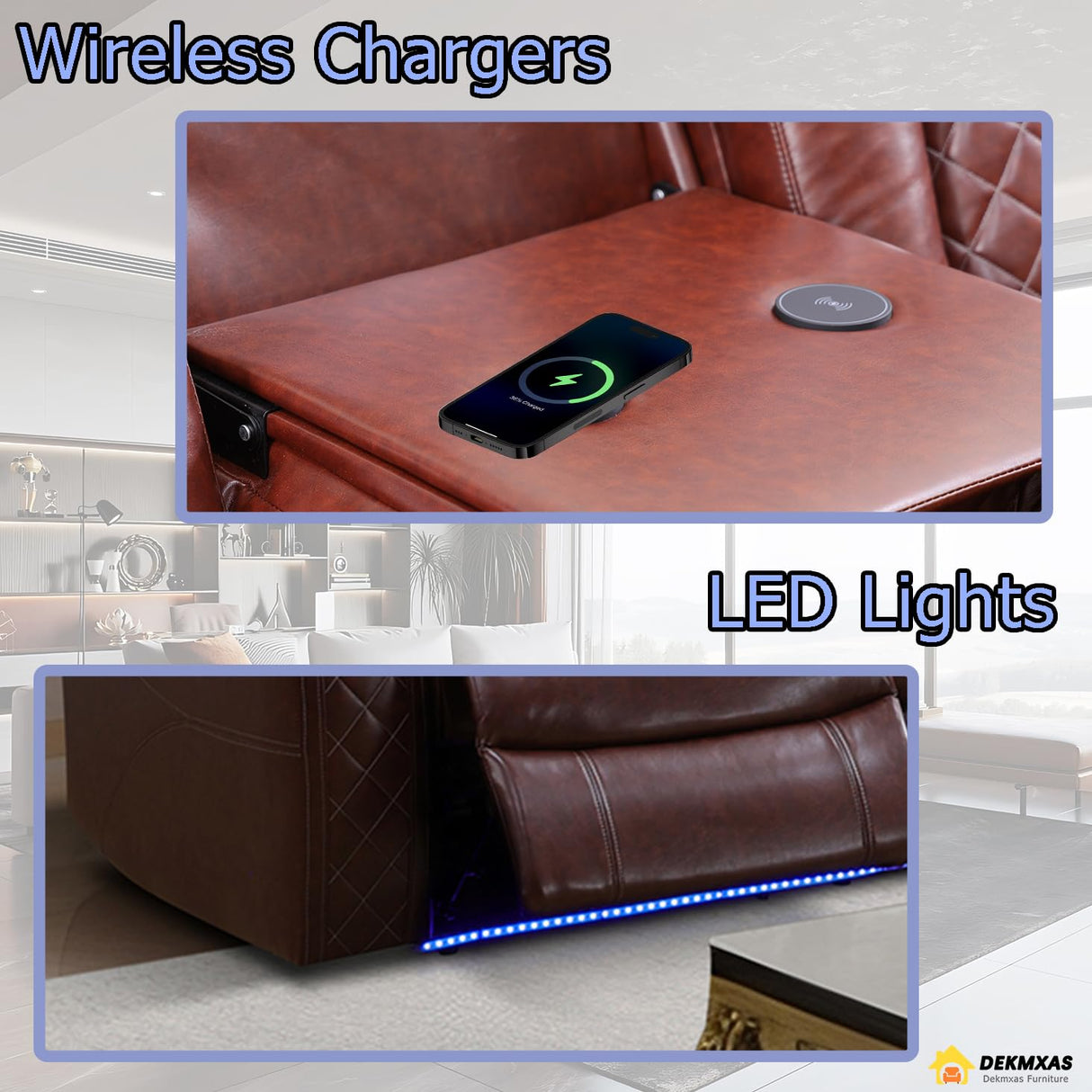 Dekmxas Living Room Set Brown Breathing Leather Sofa Living Room Furniture Set Power Recliner Manual Sofa,Loveseat and Chair with Cup Holders/Storage Console/LED Light for Living Room Dekmxas