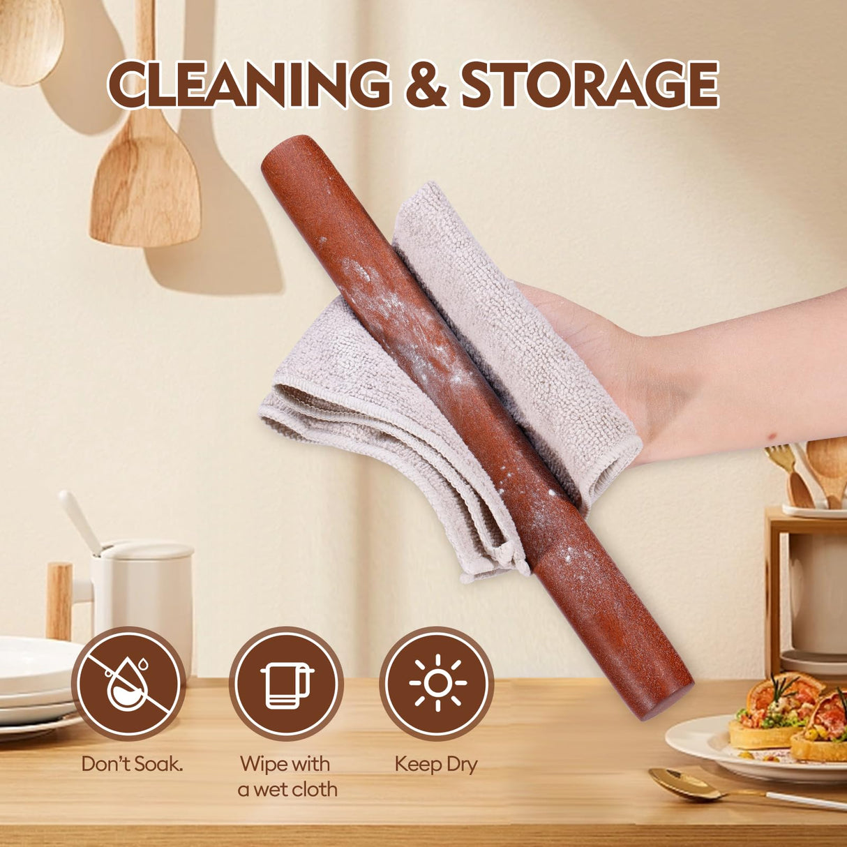 JuyVerq Wood Rolling Pin (15.75 Inches), Non-Stick Rolling Pin for Baking, Natural Sapele Wood Dough Roller for Pizza, Fondant, Pie, Cookie, Pastry, Essential Kitchen Tool JuyVerq
