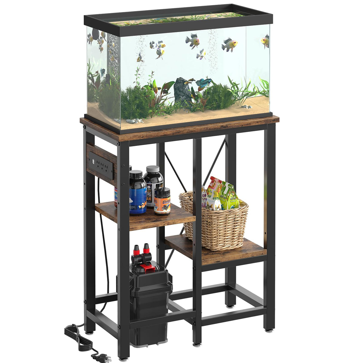 Bestier 10 Gallon Fish Tank Stand with Power Outlet, 20.3x10.6 Metal Aquarium Stand, 6-Leg Reptile Tank Stand with 3-Tier Adjustable Storage Shelves, 264LBS Capacity,Rustic Brown Bestier