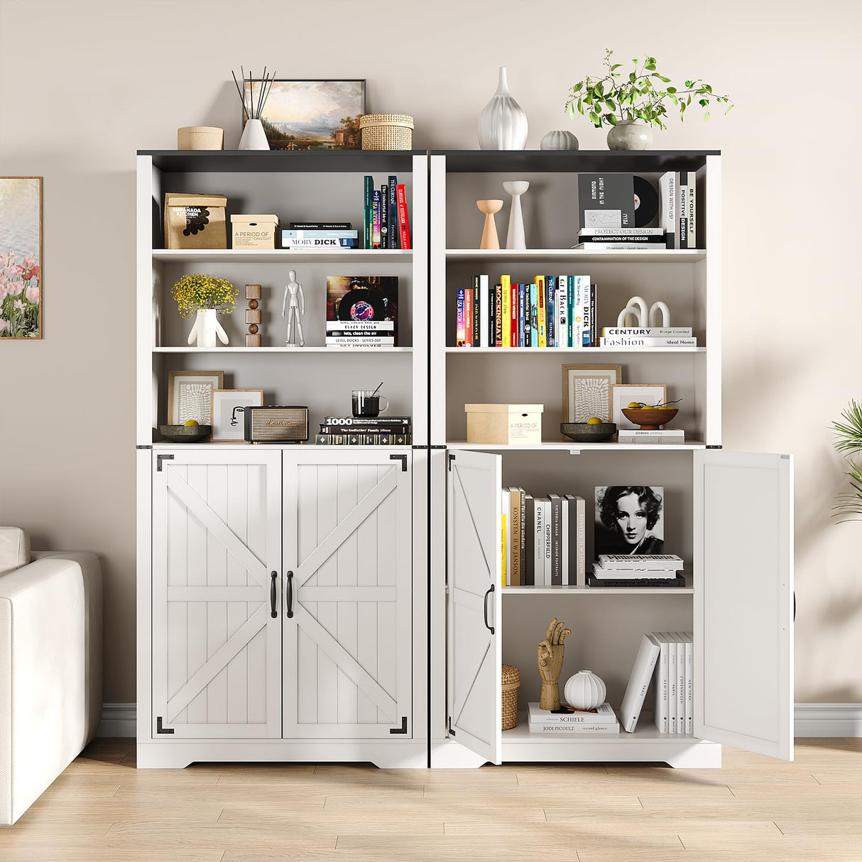 Maupvit 67" White Tall Bookshelf and Bookcase with Doors, 5-Tier Farmhouse Book Shelf with Storage Cabinet, Open Display Shelves, Wood Large Book Storage Cabinet for Living Room, Study, Kitchen, Home Maupvit