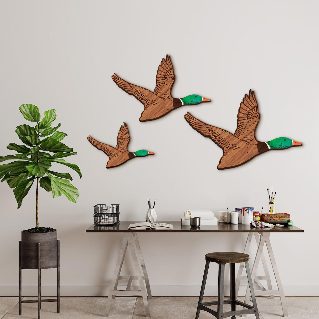Wenqik 3 Size Mallard Duck Wall Art Wooden Ducks Wall Decor Rustic Flying Birds Decor Carved for Home Living Room Bedroom Office(Larger Size,Green) Wenqik