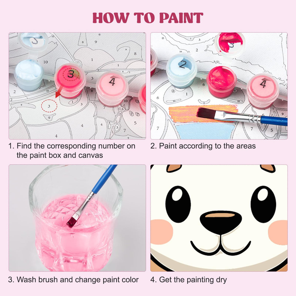 MXJSUA 4 Pack Lion Zebra Animals Paint by Numbers Kit with Framed Canvas for Kids, Hippo Elephant by Number Painting Kits for Ages 6-12 Kids, Acrylic Oil Paint by Number Kits for Beginners 8x8 Inch MXJSUA