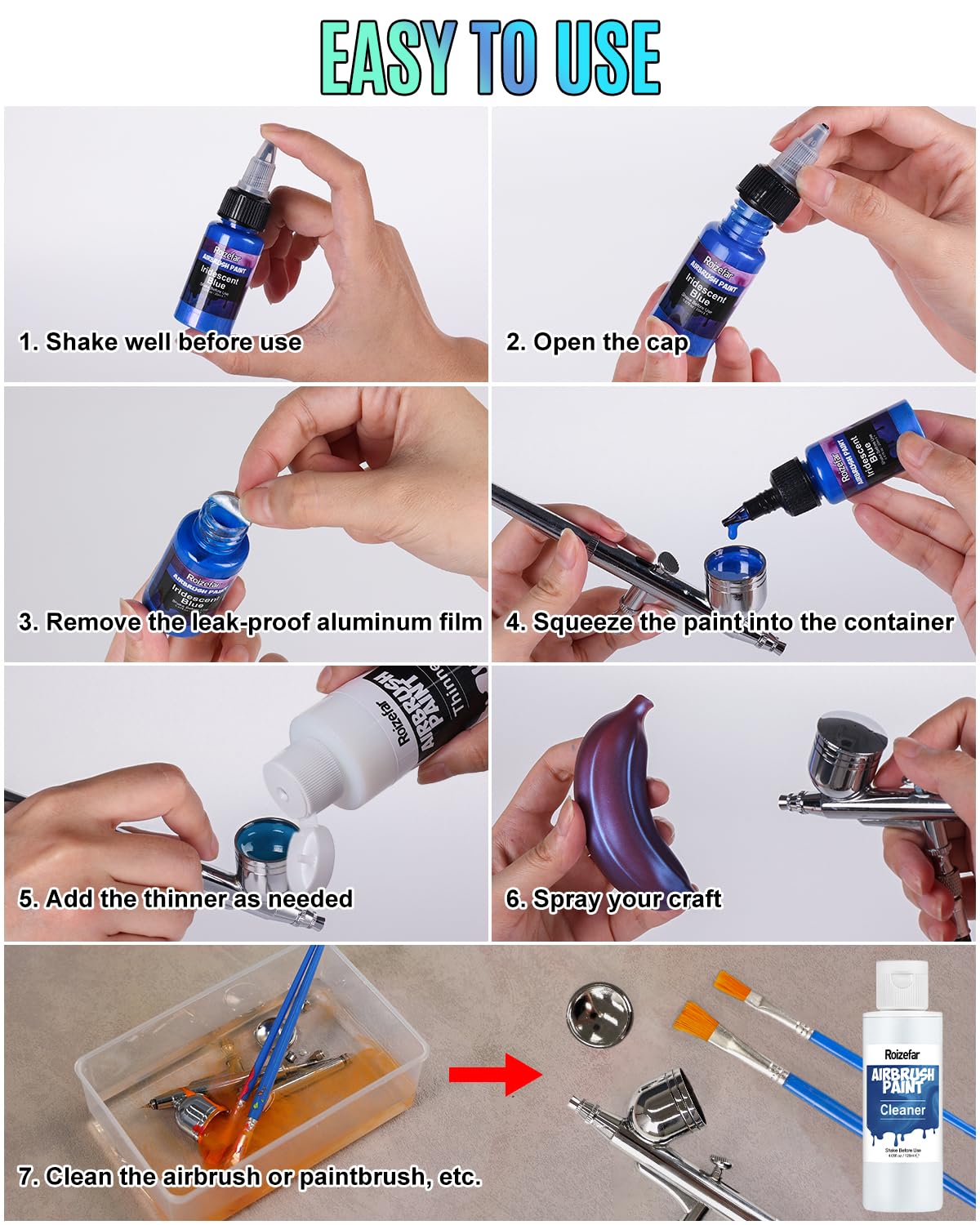 Roizefar Airbrush Paint, 36 Colors with 4.05 Fl Oz Thinner & 4.05 Fl Oz Cleaner, Water-Based Air Brush Paints Acrylic Ready to Spray, Includes Iridescent, Metallic, Neon, Classic Colors, 20ml/Bottle Roizefar