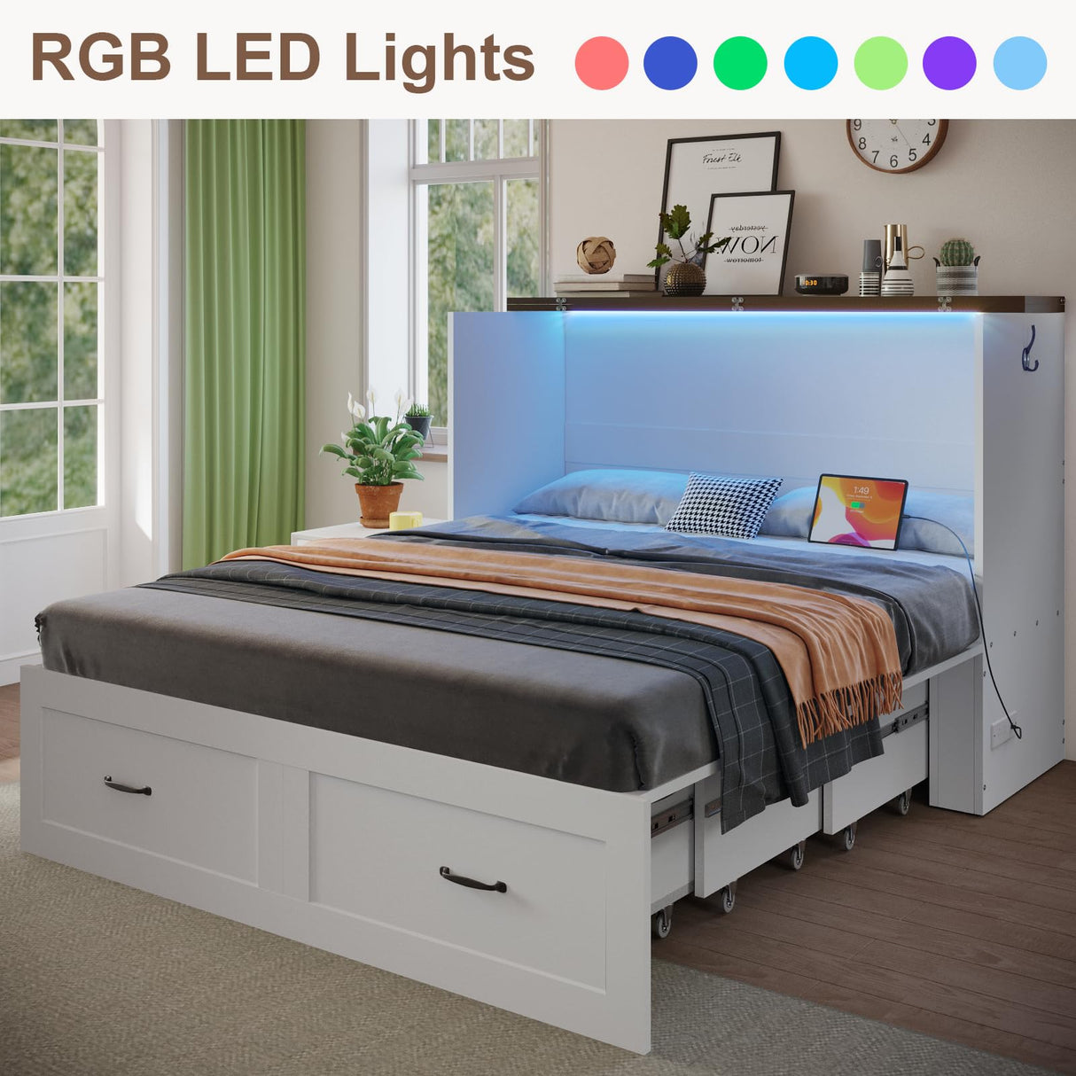 KCGKCG Murphy Bed with Storage & Charging Station, Queen Murphy Cabinet Bed with Large Storage Drawer for Guest Bedroom, Living Room, Office or Small Room, Full Foldable Platform Bed (White, Queen) KCGKCG