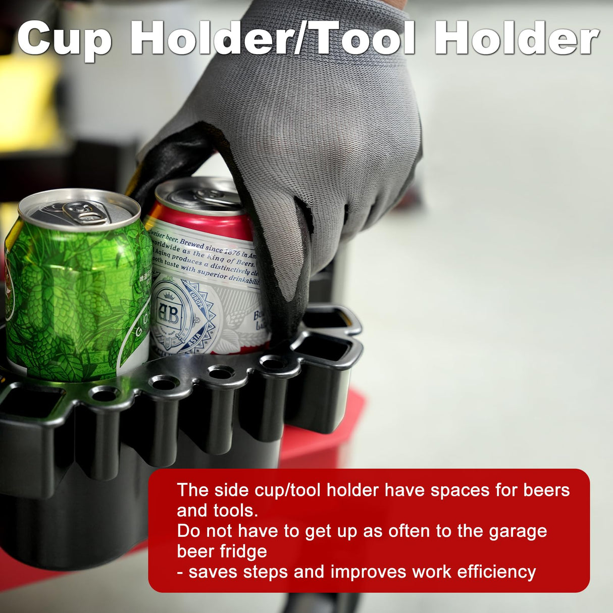 FreekyFit Rolling Shop Stool with Wheels, Adjustable Garage Mechanic Stool Seat Shop Roller Work Chair Mobile Rolling Seat with Tool Tray, 2 Cup Holders, 4" Casters, 350 LBS, Heavy-Duty, Red FreekyFit