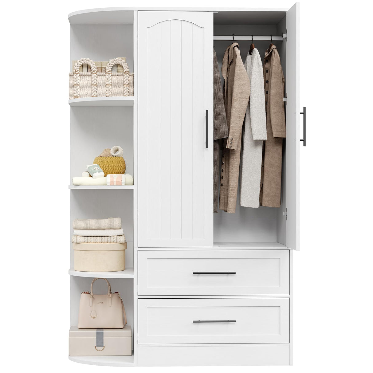 HOOBRO Wardrobe Closet with Doors, 70.9" Tall Armoire Wardrobe Closet with 4 Storage Shelves, Wooden Bedroom Armoire with 2 Drawers and Hanging Rod, Clothing Storage Cabinet for Bedroom, White HOOBRO