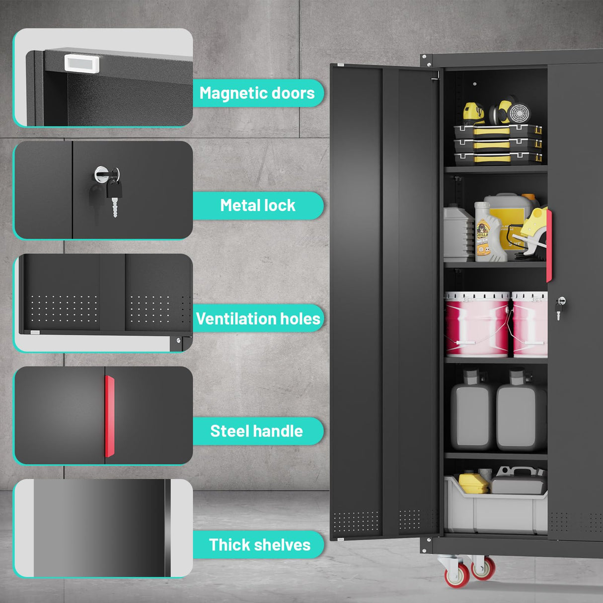 Eltean Metal Garage Cabinets with Wheels| 71" Steel Lockable Garage Storage Cabinet with 4 Adjustable Shelves, Heavy-Duty Tool Storage Cabinet for Home, Basement, Workshop (Black) Eltean