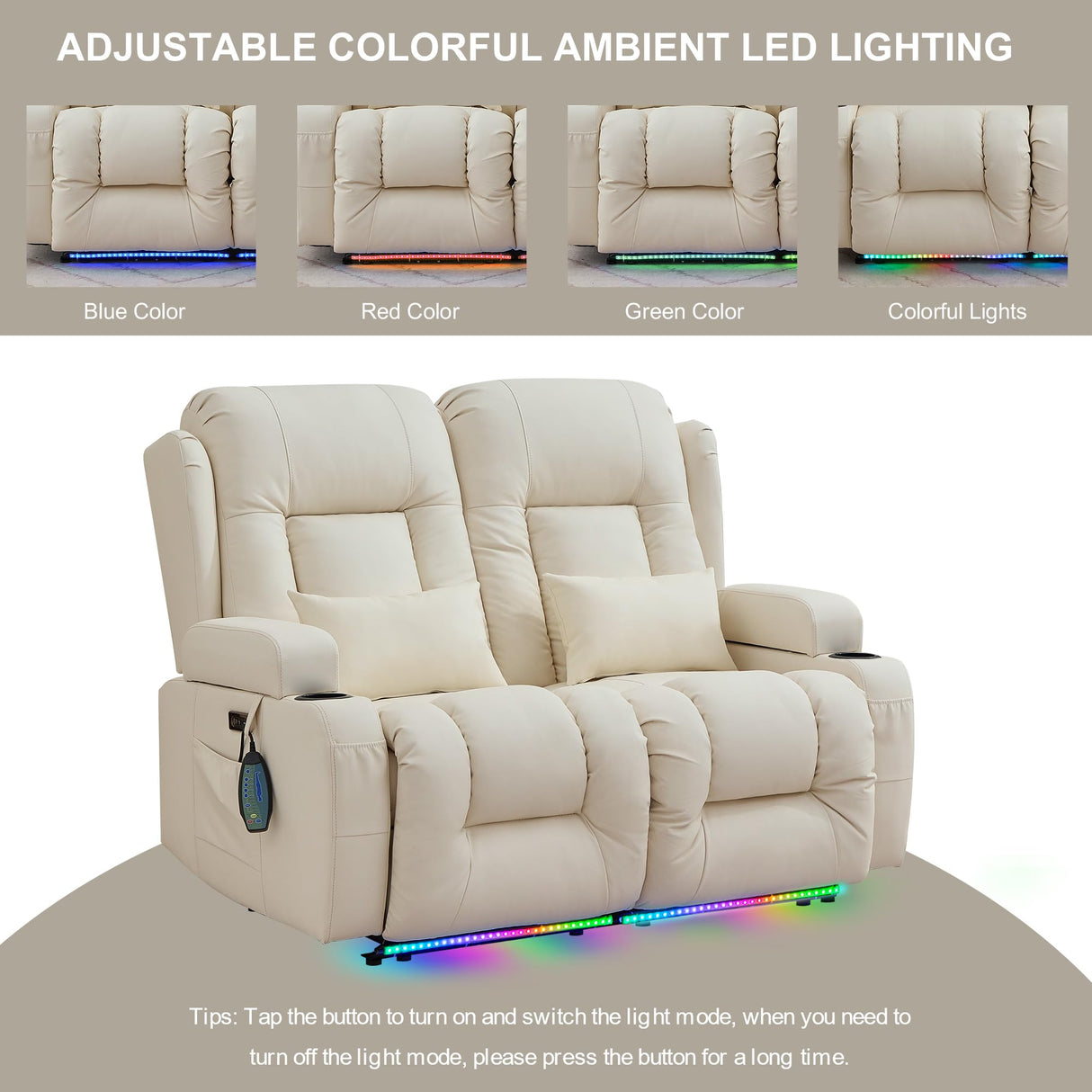 TUNYI Power Loveseat Recliner Sofa - Home Theater Seating with Massage & Heat Faux Leather RV Recliner Loveseat Sofa with USB/Cup Holder/Side Pocket/LED Light/Pillow (Cream White) TUNYI