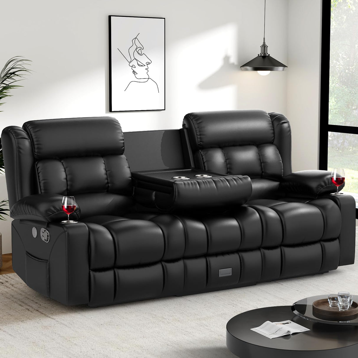 Dresegmt Loveseat Recliner Sofa, Flip Middle Backrest Design PU Leather 3 Seat Reclining Sofa with Storage Drawer, Manual Couch for Living Room/RV (Black, PU) Dresegmt