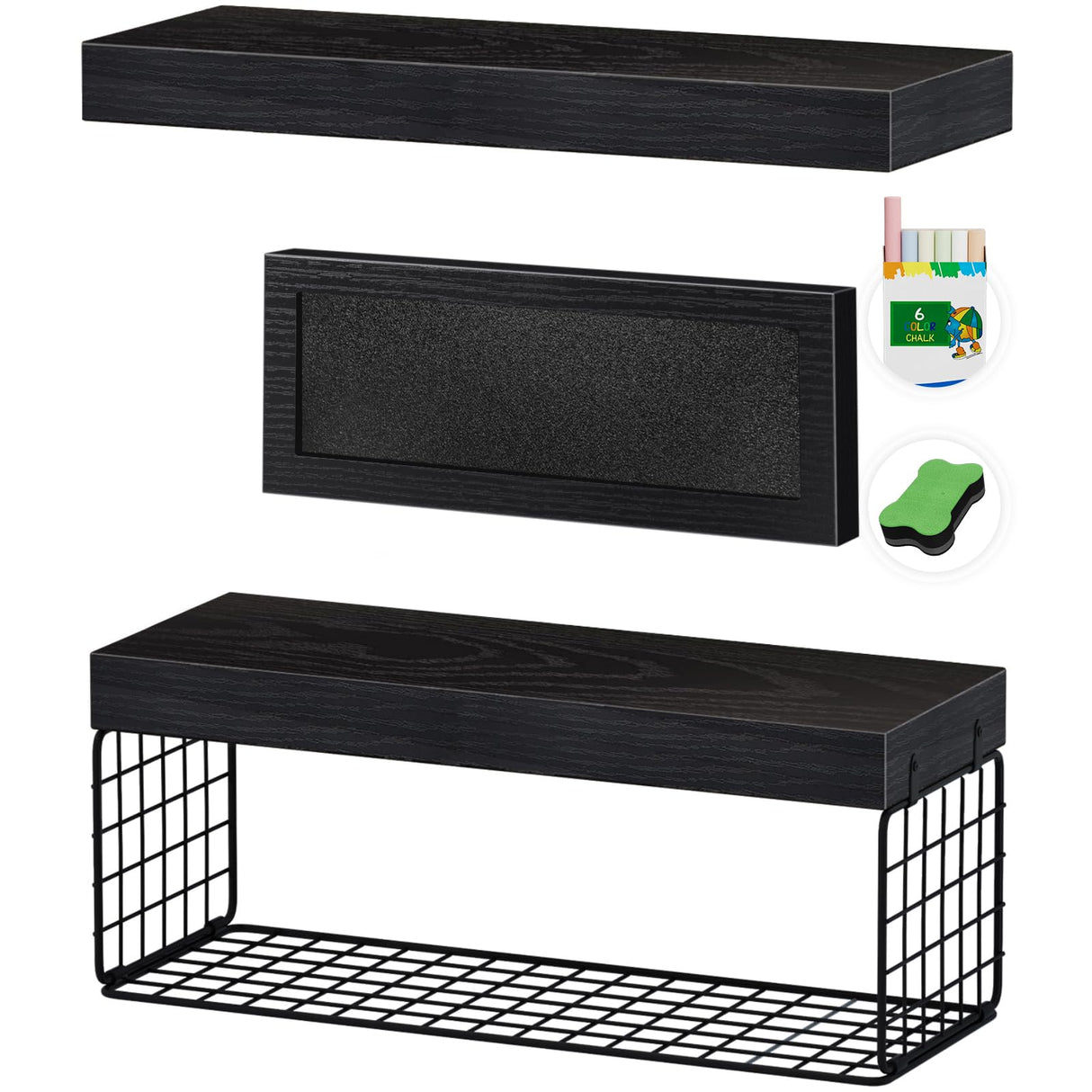 QEEIG Bathroom Shelves Over Toilet - Paper Storage Wall Mounted Farmhouse Decor Decorations Chalkboard Small Floating Shelf 2+1 Set 16 inch, Black (021B) QEEIG