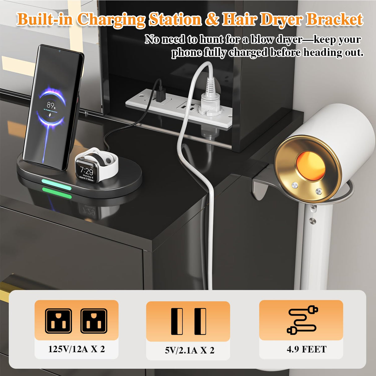 47'' W Large Vanity Desk with Mirror and Lights, 8 Storage Shelves 7 Drawers Vanity Table, Big Makeup Vanity Desk with 3 Lighting Modes, Vanity Dresser with Charging Station, Sliding Mirror (Black) knoworld