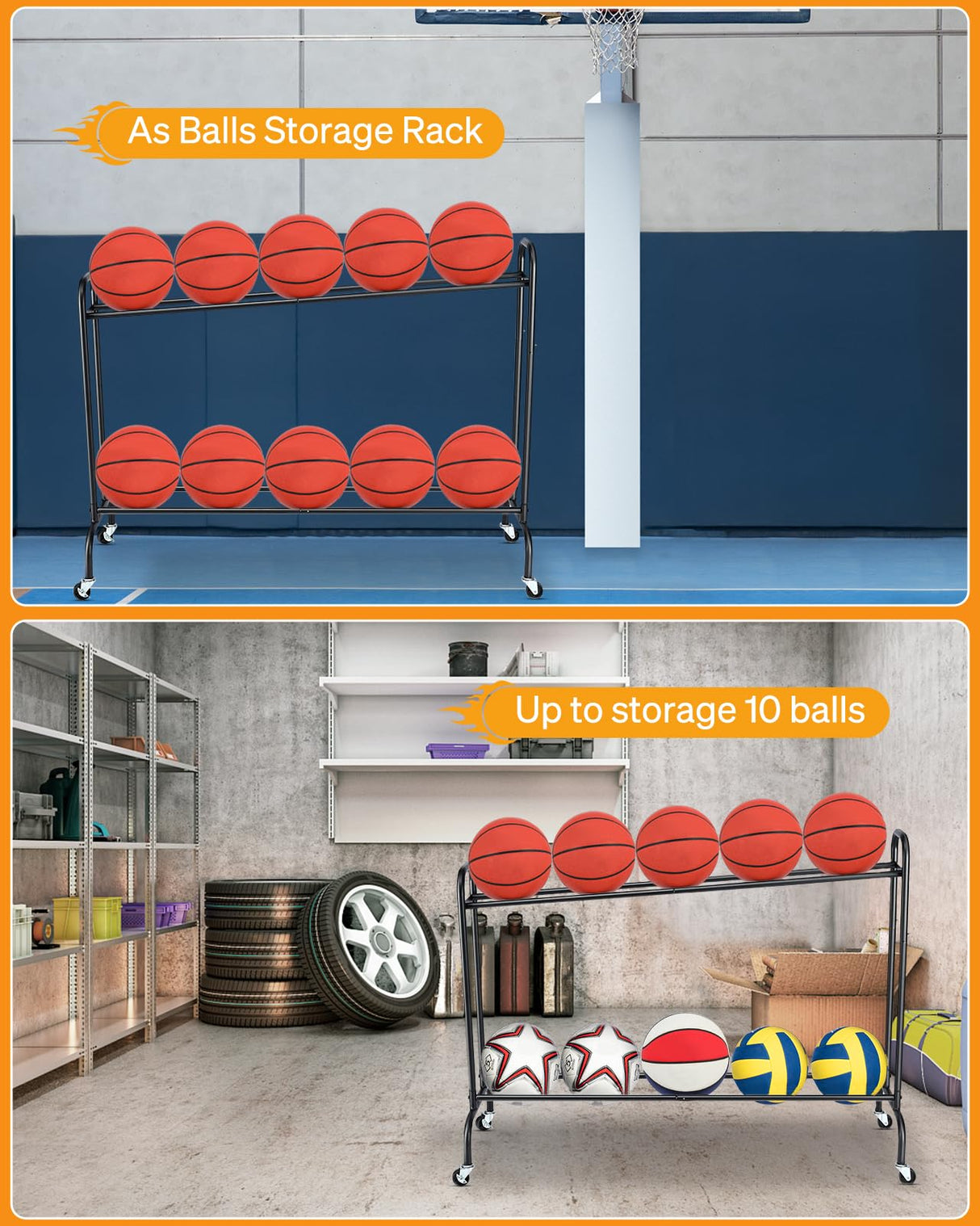 EXTCCT Tilt Basketball Rack Ball Storage Holder - Tilt Basketball Shooting Training Rack, Garage Sports Equipment Organizer, Outdoor and Indoor Rolling Balls Cart with Wheels EXTCCT