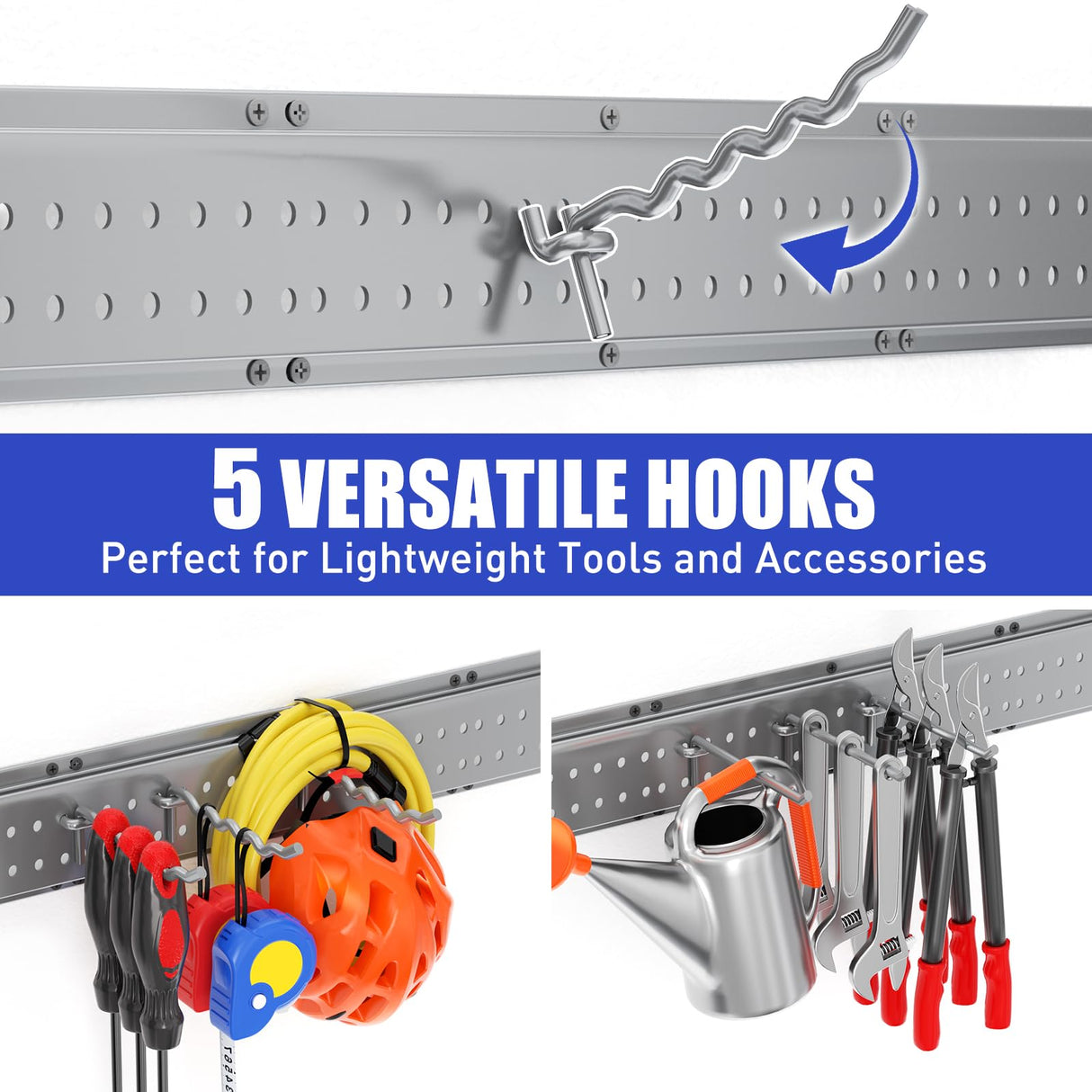 ZICANYCO Garage Tool Organizer Wall Mount 48 inches with 10 Adjustable Heavy-Duty Hooks, Garage Organization, Garden Tool Storage Rack, Yard, and Shed, Holds Up to 400 lbs (Grey) ZICANYCO