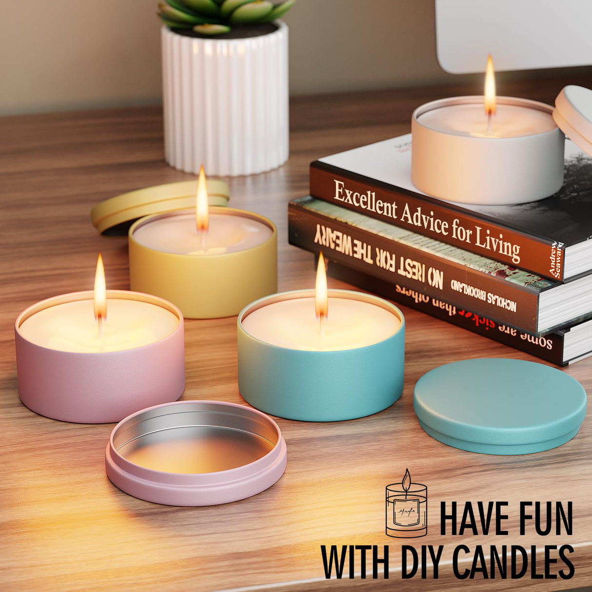 MeiGlow 6oz Macaron-Color Candle Tins 12PCS, Empty Matte Candle Jars Candle Containers with Lids, Wicks, Stickers, Wicks Holder for DIY Candle Making MeiGlow
