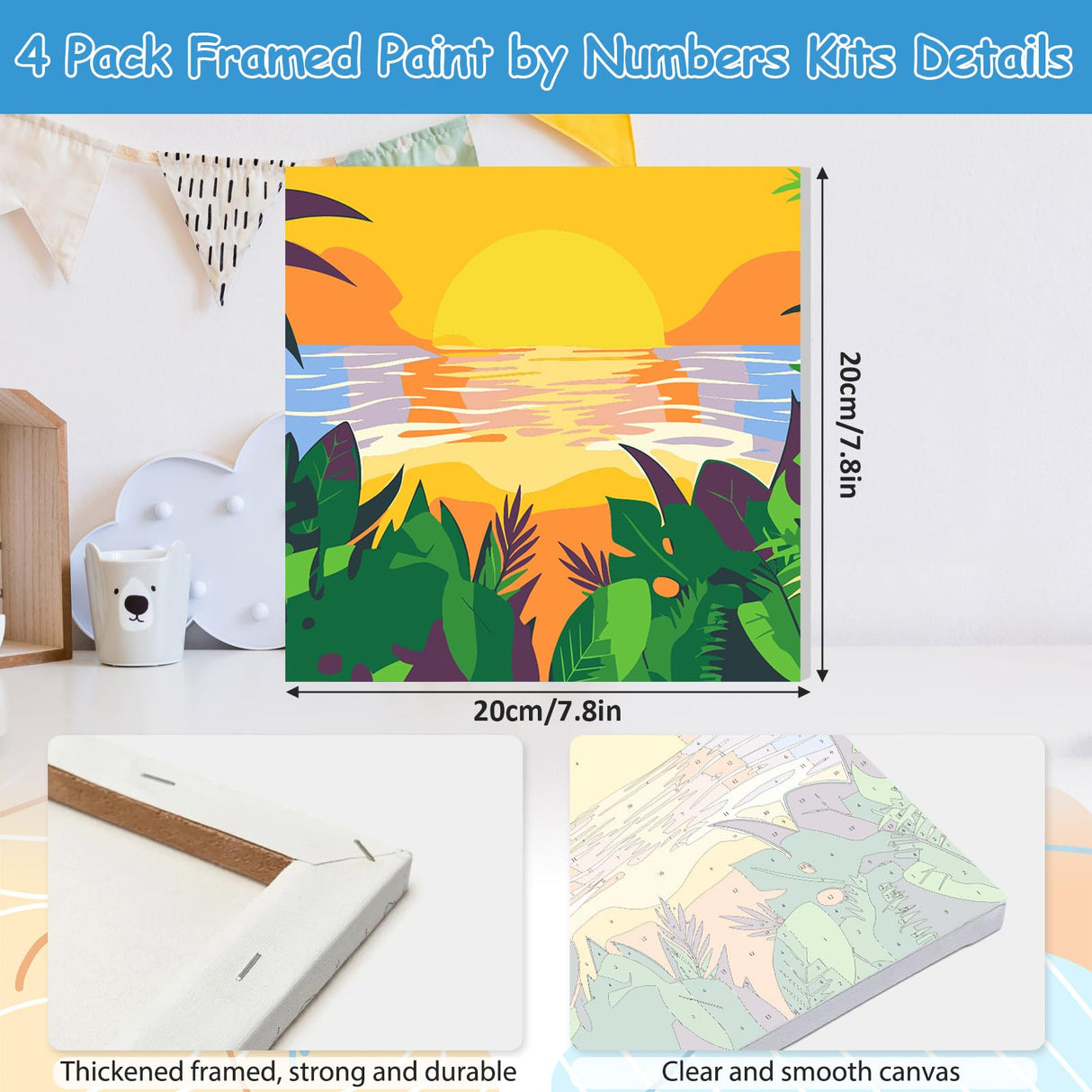 EOBROMD 4 Pack Framed Paint by Numbers Kits for Kids Ages 4-8-12 Landscape, Beach DIY Acrylic Paint by Number on Stretched Canvas, Painting Kits Adults Oil Numbers for Home Decor(8X8inch) EOBROMD