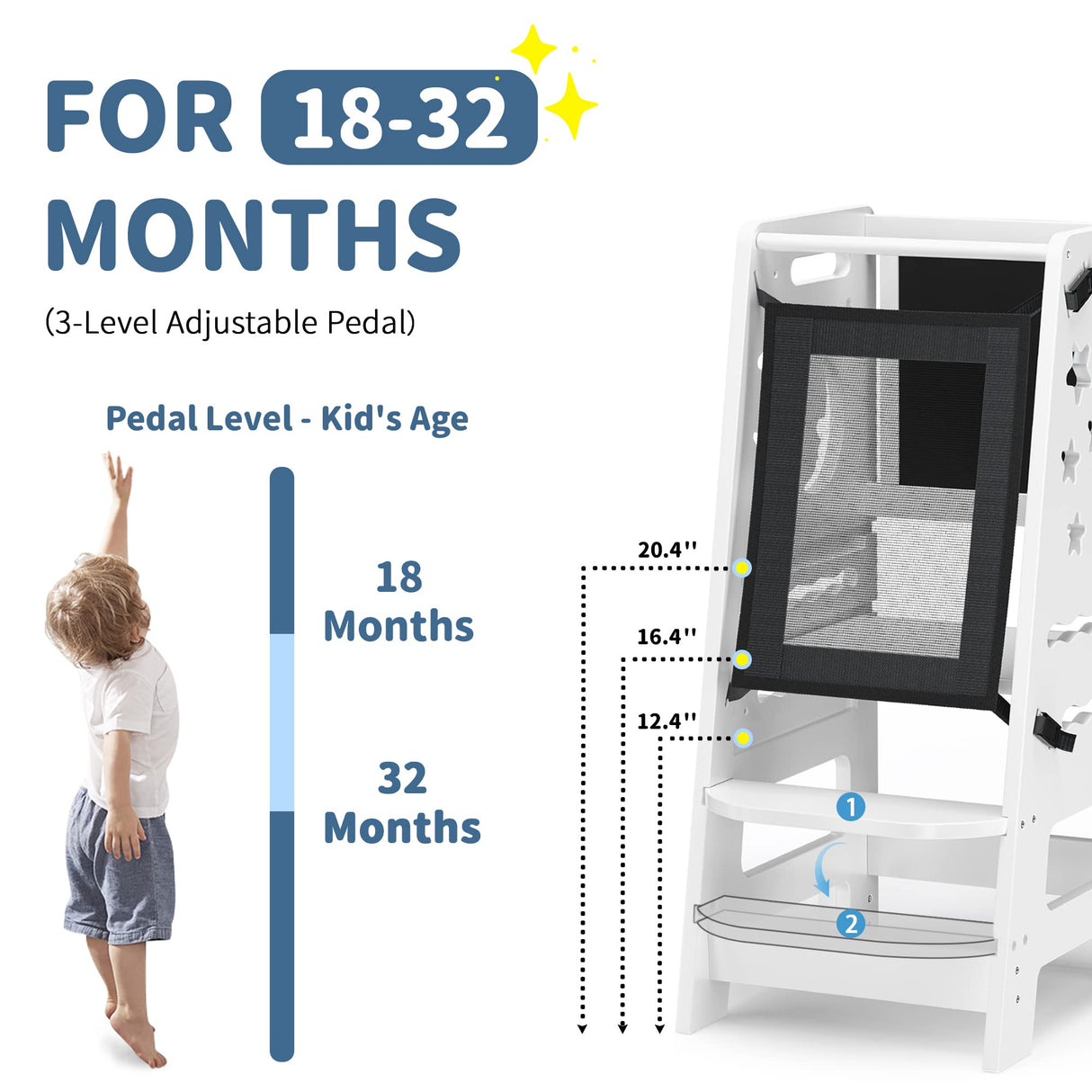 TOETOL Bamboo Toddler Kitchen Stool for Kids Step Stool - White Little Helper Tower Adjustable Height with Learning Black & White Activity Board1 TOETOL