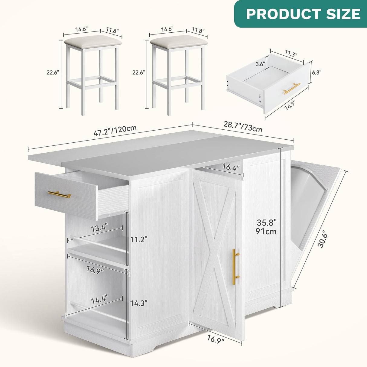 YITAHOME Kitchen Islands with Seating, 47" Mobile Storage Island with Drop Leaf, Rolling Island Table with Tilt Out Trash Can Cabinet, Home Bar Table Include 2 Chairs, Side Spice Rack & Drawer, White YITAHOME