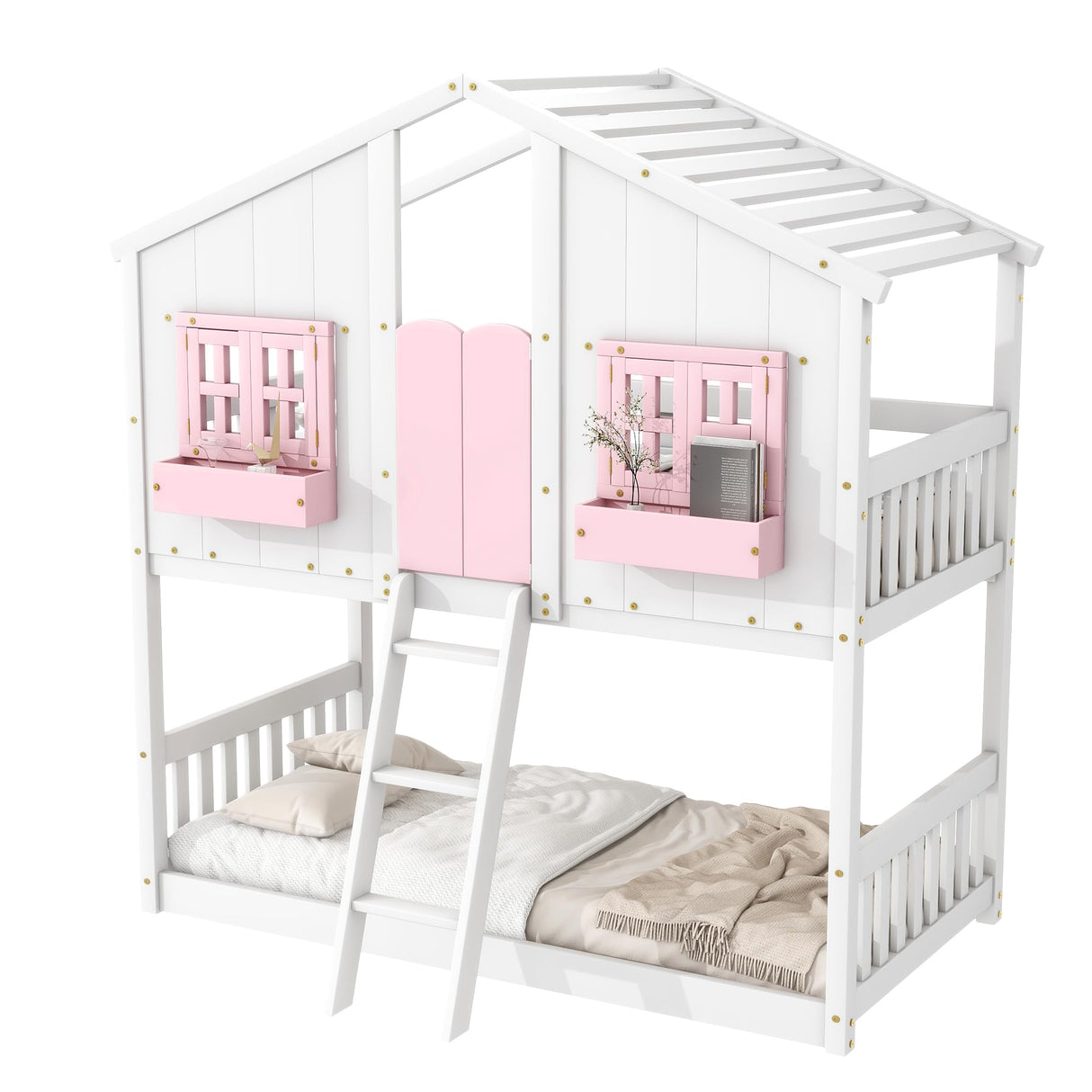 DNChuan Floor House Bunk Bed with Roof and Window,Built-in Storage Box,Wooden Guardrails with Door/Ladder,Low Bunker Bed Twin Over Twin for Kids Girls Boys,Pink/White DNChuan
