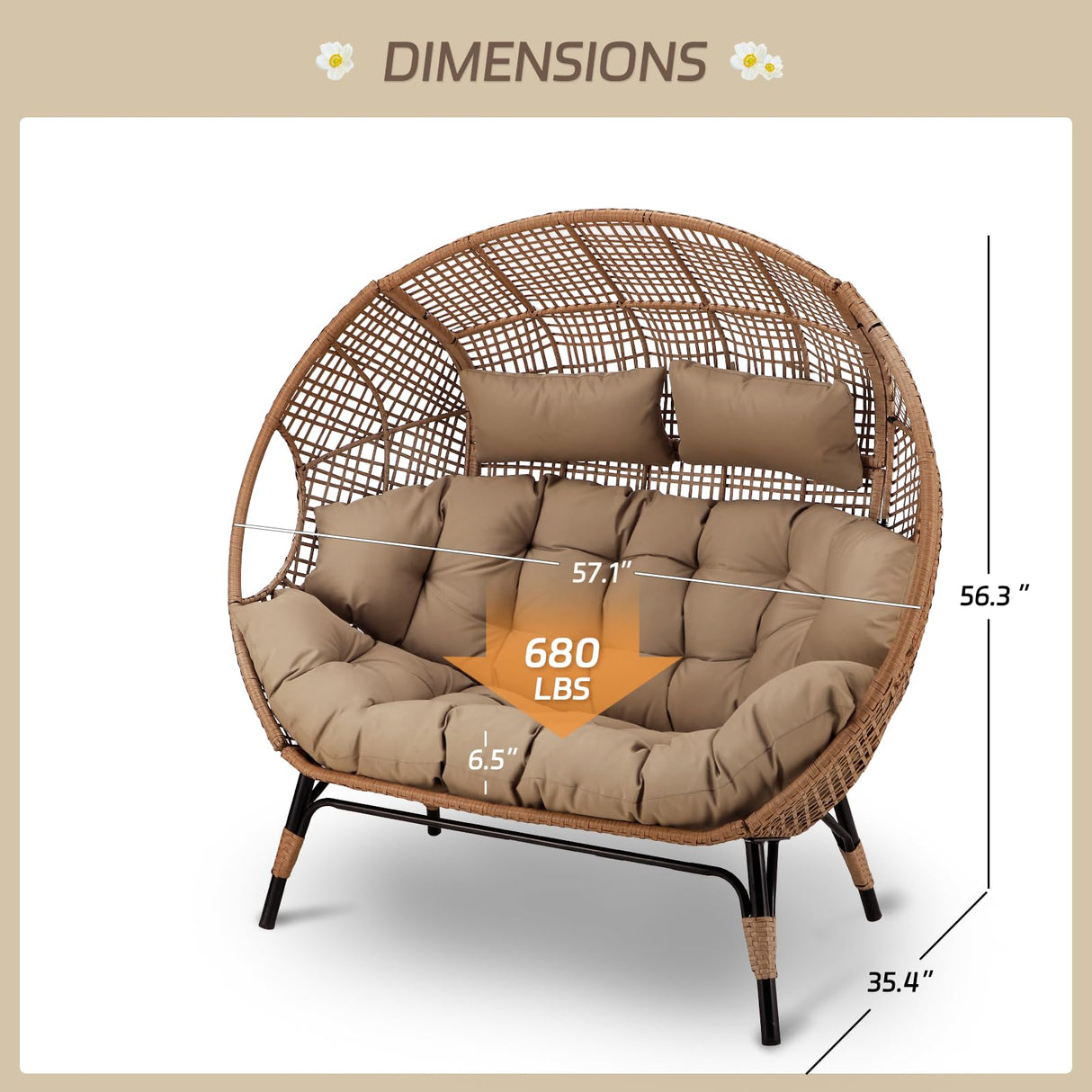 BULEXYARD Double Egg Chair Indoor Outdoor 680lbs, 2 Person Brown Wicker Oversized Stationary Egg Chair with Brown Thick Cushion, Patio Wide Lounge Loveseat with Legs for Balcony, Porch BULEXYARD